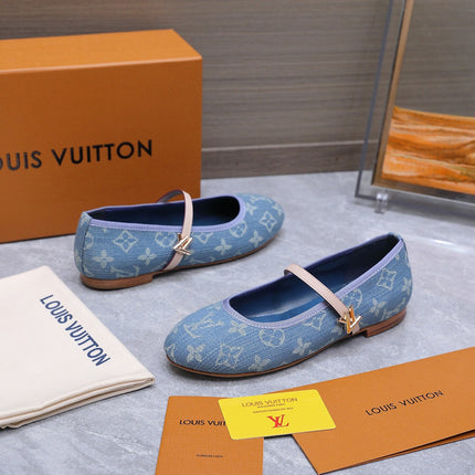 LV 26S MARY JANE FLATS IN SKY BLUE MONOGRAM DENIM WITH CALFSKIN STRAP