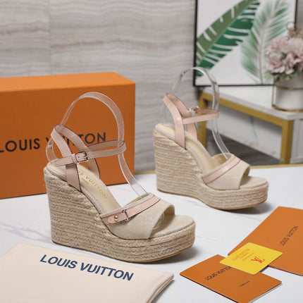 LV 26S HELIOS WEDGE SANDAL 120MM IN BEIGE DENIM