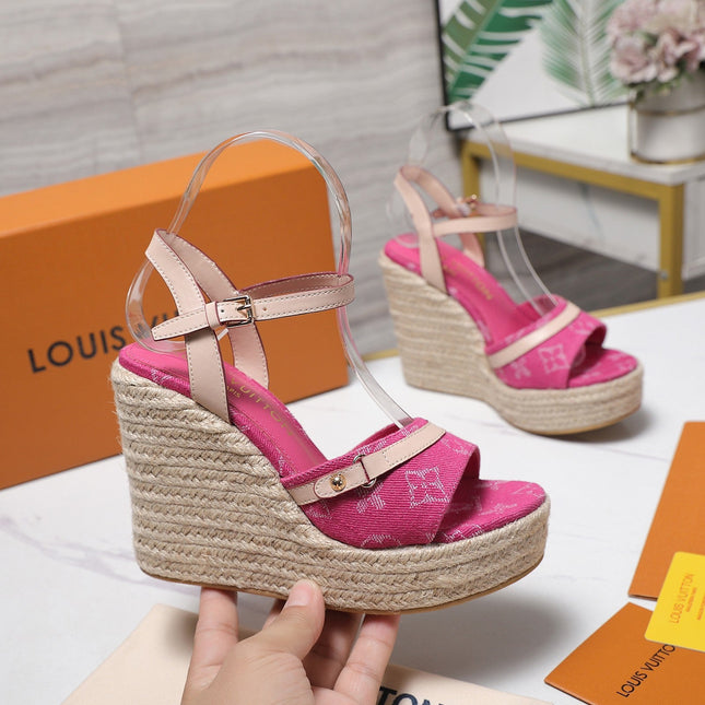 LV 26S HELIOS WEDGE SANDAL 120MM IN FUCHSIA PINK DENIM