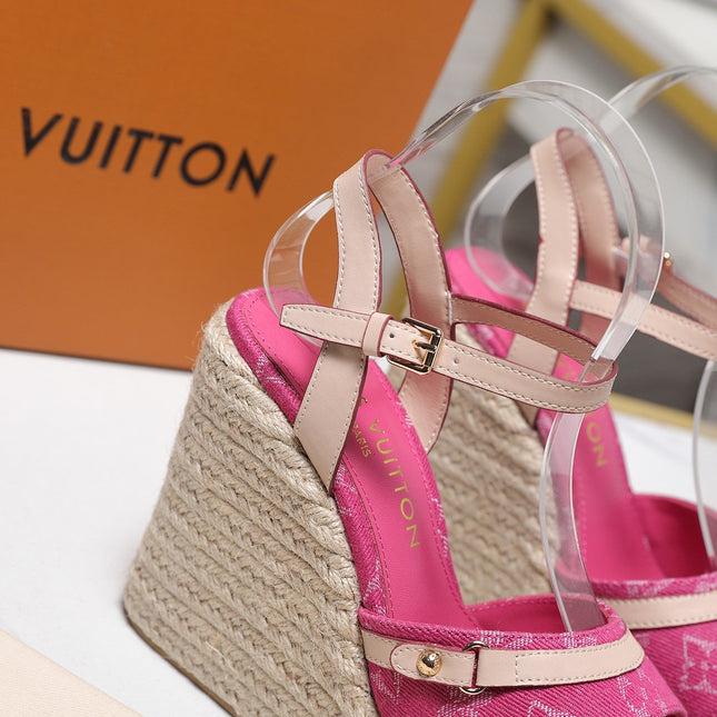 LV 26S HELIOS WEDGE SANDAL 120MM IN FUCHSIA PINK DENIM