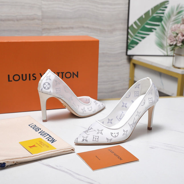 LV 26S GALA HIGH HEELS 85MM IN WHITE MESH WITH WITH RHINESTONES
