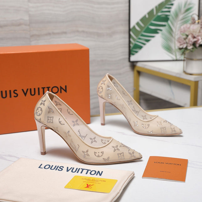 LV 26S GALA HIGH HEELS 85MM IN NUDE BEIGE MESH WITH WITH RHINESTONES