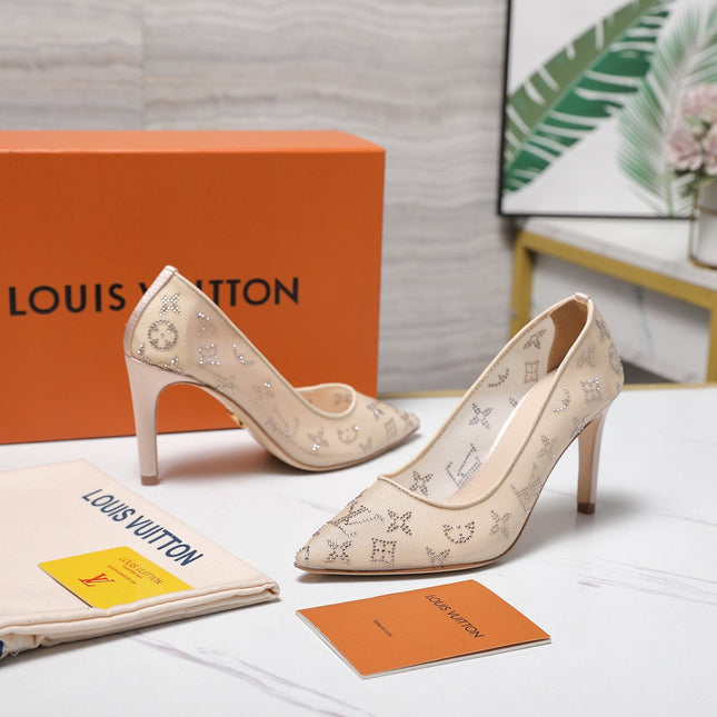 LV 26S GALA HIGH HEELS 85MM IN NUDE BEIGE MESH WITH WITH RHINESTONES