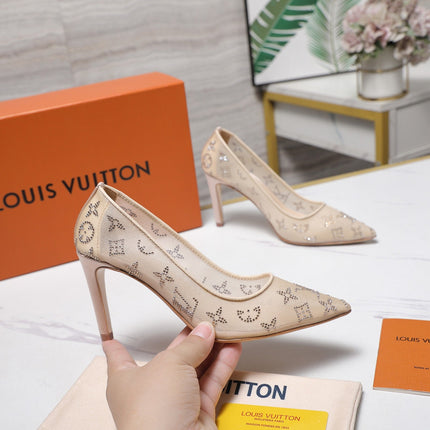 LV 26S GALA HIGH HEELS 85MM IN NUDE BEIGE MESH WITH WITH RHINESTONES