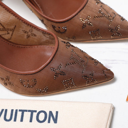 LV 26S GALA HIGH HEELS 85MM IN ORANGE BROWN MESH WITH WITH RHINESTONES
