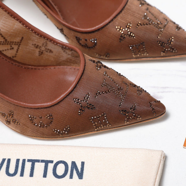 LV 26S GALA HIGH HEELS 85MM IN ORANGE BROWN MESH WITH WITH RHINESTONES