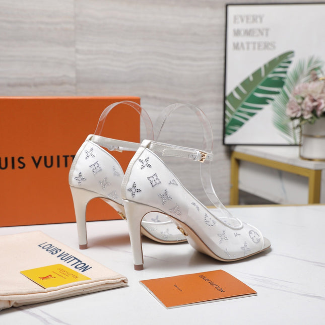 LV 26S GALA SANDAL 85MM IN WHITE MESH WITH WITH RHINESTONES