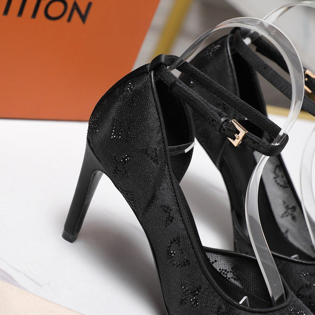 LV 26S GALA SANDAL 85MM IN BLACK MESH WITH WITH RHINESTONES
