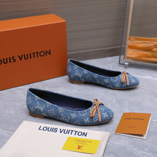 LV 26S BALLET FLATS IN SKY BLUE MONOGRAM DENIM WITH BOW