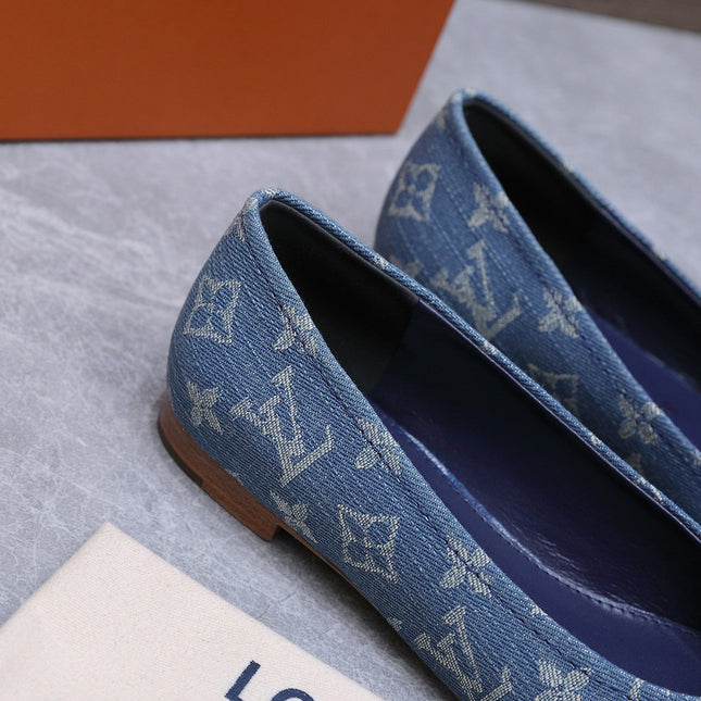 LV 26S BALLET FLATS IN SKY BLUE MONOGRAM DENIM WITH BOW
