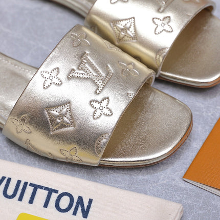 LV 26S FLAT SLIDE SANDALS IN GOLD CALFSKIN EMBOSSED MONOGRAM LOGO