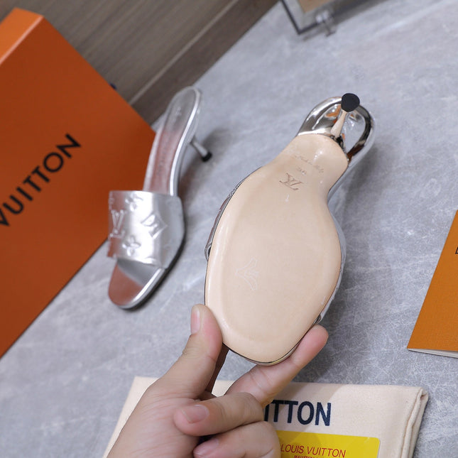 LV 26S 6AM MULE 55MM IN SILVER CALFSKIN EMBOSSED MONOGRAM LOGO