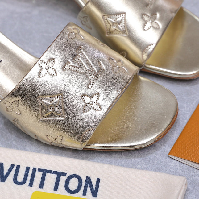 LV 26S 6AM MULE 55MM IN GOLD CALFSKIN EMBOSSED MONOGRAM LOGO