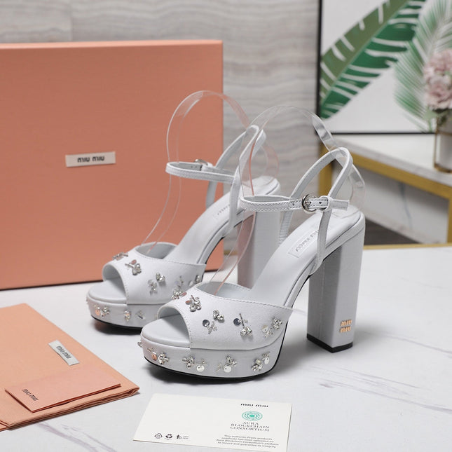 MIUMIU 26S PLATFORM ANKLE STRAP SANDALS 120MM IN LIGHT GREY CANVAS CRYSTAL-EMBELLISHED