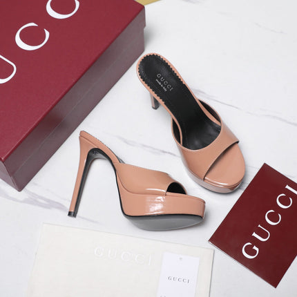 GUCCI 26S HEELED SLIDE SANDALS 120MM IN NUDE PINK PATENT CALFSKIN