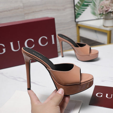GUCCI 26S HEELED SLIDE SANDALS 120MM IN NUDE PINK PATENT CALFSKIN