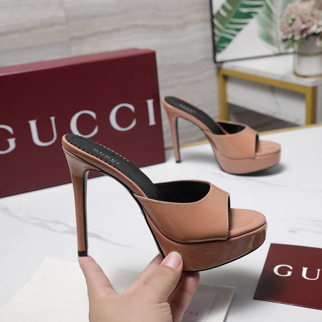 GUCCI 26S HEELED SLIDE SANDALS 120MM IN NUDE PINK PATENT CALFSKIN