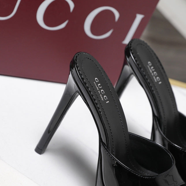 GUCCI 26S HEELED SLIDE SANDALS 120MM IN BLACK PATENT CALFSKIN