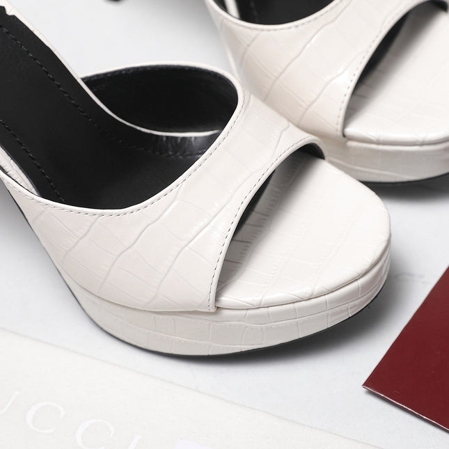 GUCCI 26S HEELED SLIDE SANDALS 120MM IN WHITE CROCODILE EMBOSSED PATENT CALFSKIN