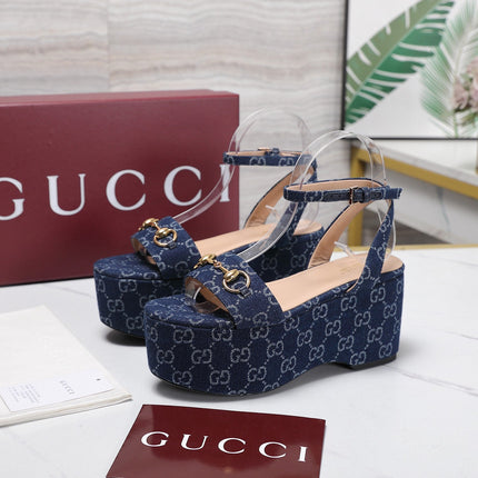 GUCCI 26S WEDGE SANDALS 80 MM IN BLUE GG DENIM GOLD HARDWARE