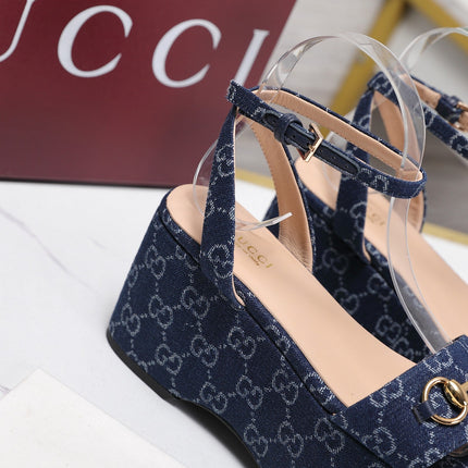 GUCCI 26S WEDGE SANDALS 80 MM IN BLUE GG DENIM GOLD HARDWARE