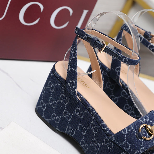 GUCCI 26S WEDGE SANDALS 80 MM IN BLUE GG DENIM GOLD HARDWARE