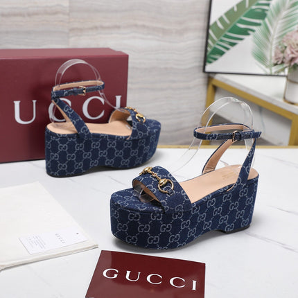 GUCCI 26S WEDGE SANDALS 80 MM IN BLUE GG DENIM GOLD HARDWARE