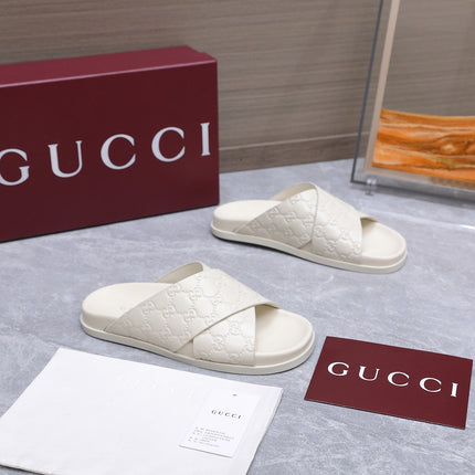GUCCI 26S CROSSOVER SANDALS IN WHITE GG EMBOSSED CALFSKIN