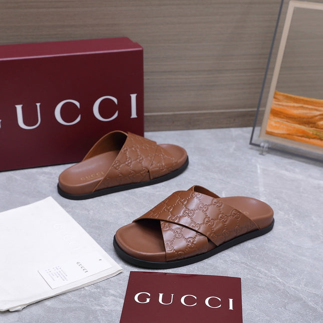 GUCCI 26S CROSSOVER SANDALS IN CARAMEL BROWN GG EMBOSSED CALFSKIN