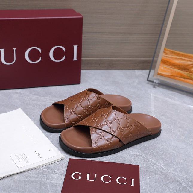 GUCCI 26S CROSSOVER SANDALS IN CARAMEL BROWN GG EMBOSSED CALFSKIN