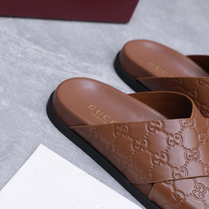 GUCCI 26S CROSSOVER SANDALS IN CARAMEL BROWN GG EMBOSSED CALFSKIN