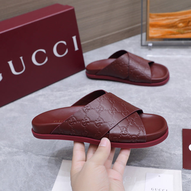 GUCCI 26S CROSSOVER SANDALS IN BURGUNDY RED GG EMBOSSED CALFSKIN