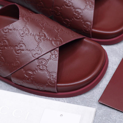 GUCCI 26S CROSSOVER SANDALS IN BURGUNDY RED GG EMBOSSED CALFSKIN