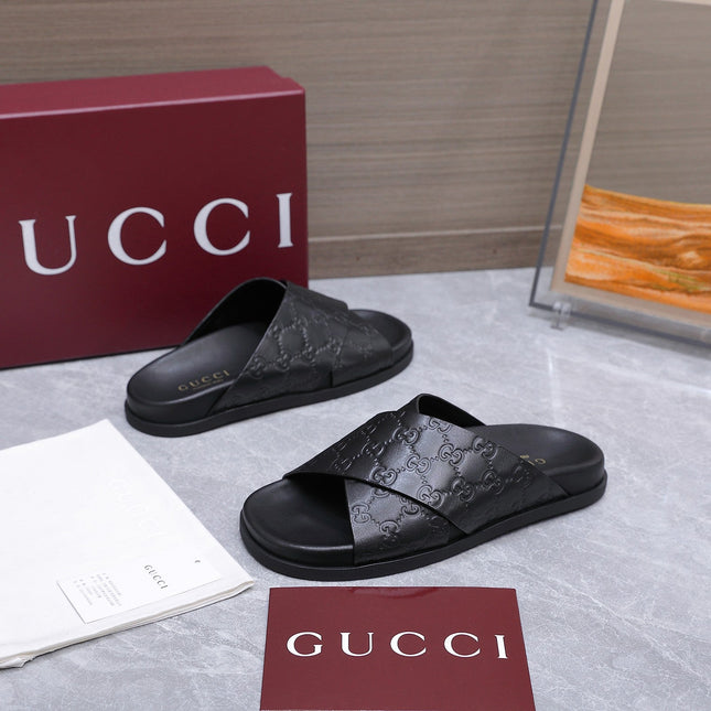 GUCCI 26S CROSSOVER SANDALS IN BLACK GG EMBOSSED CALFSKIN