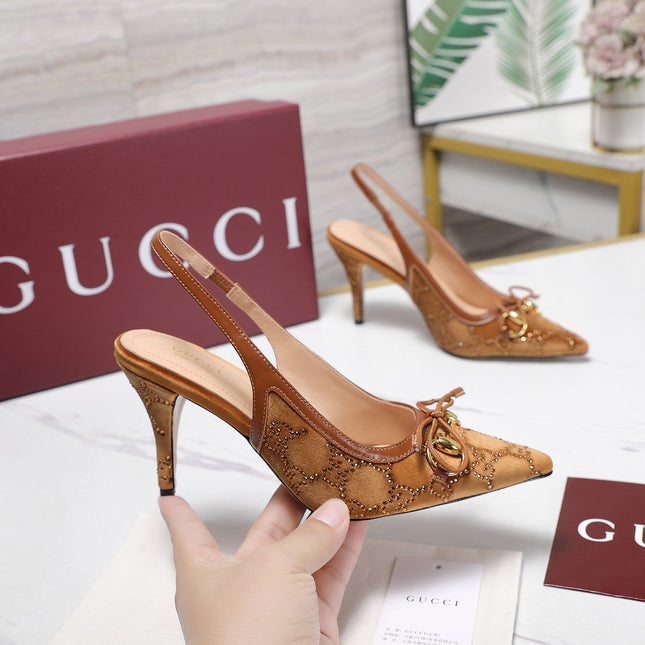 GUCCI 26S SLINGBACK PUMPS 100MM IN CARAMEL BROWN VELVET GOLD HARDWARE WITH BOW