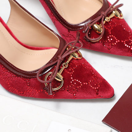 GUCCI 26S SLINGBACK PUMPS 100MM IN DARK RED VELVET GOLD HARDWARE WITH BOW