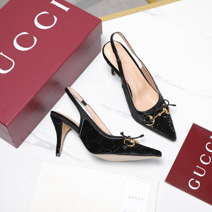 GUCCI 26S SLINGBACK PUMPS 100MM IN BLACK VELVET GOLD HARDWARE WITH BOW