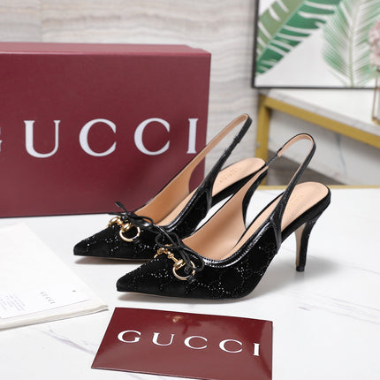 GUCCI 26S SLINGBACK PUMPS 100MM IN BLACK VELVET GOLD HARDWARE WITH BOW