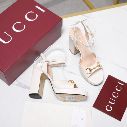 GUCCI 26S HORSEBIT ANKLE STRAP PLATFORM HEELS 115MM IN IVORY WHITE CALFSKIN
