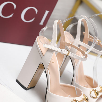 GUCCI 26S HORSEBIT ANKLE STRAP PLATFORM HEELS 115MM IN IVORY WHITE CALFSKIN