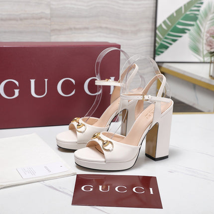GUCCI 26S HORSEBIT ANKLE STRAP PLATFORM HEELS 115MM IN IVORY WHITE CALFSKIN