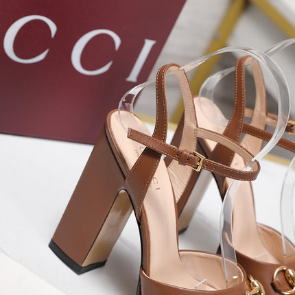 GUCCI 26S HORSEBIT ANKLE STRAP PLATFORM HEELS 115MM IN CARAMEL BROWN CALFSKIN