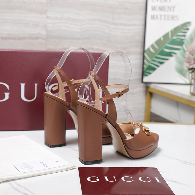 GUCCI 26S HORSEBIT ANKLE STRAP PLATFORM HEELS 115MM IN CARAMEL BROWN CALFSKIN