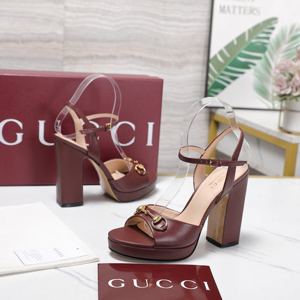 GUCCI 26S HORSEBIT ANKLE STRAP PLATFORM HEELS 115MM IN BURGUNDY RED CALFSKIN