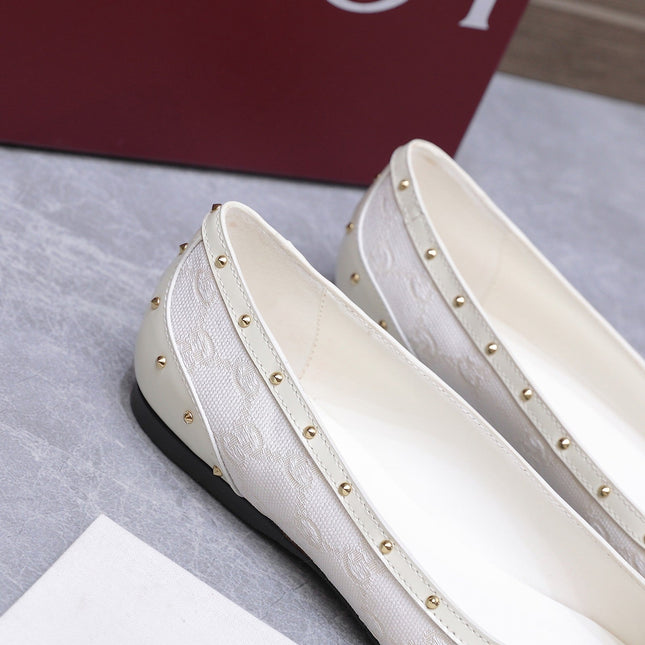 GUCCI 26S SAVOY BALLERINA FLATS IN WHITE CANVAS AND CALFSKIN WITH STUDDED TRIM