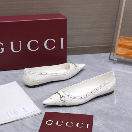 GUCCI 26S SAVOY BALLERINA FLATS IN WHITE CANVAS AND CALFSKIN WITH STUDDED TRIM
