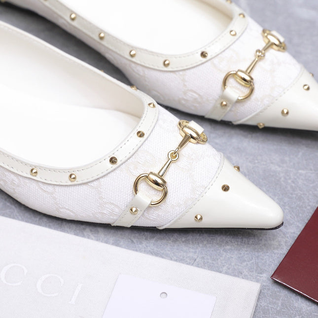 GUCCI 26S SAVOY BALLERINA FLATS IN WHITE CANVAS AND CALFSKIN WITH STUDDED TRIM