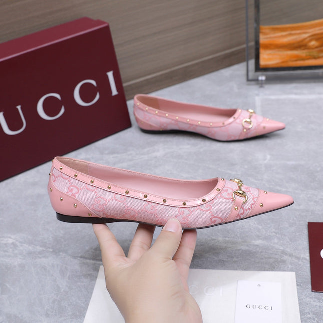 GUCCI 26S SAVOY BALLERINA FLATS IN PINK CANVAS AND CALFSKIN WITH STUDDED TRIM