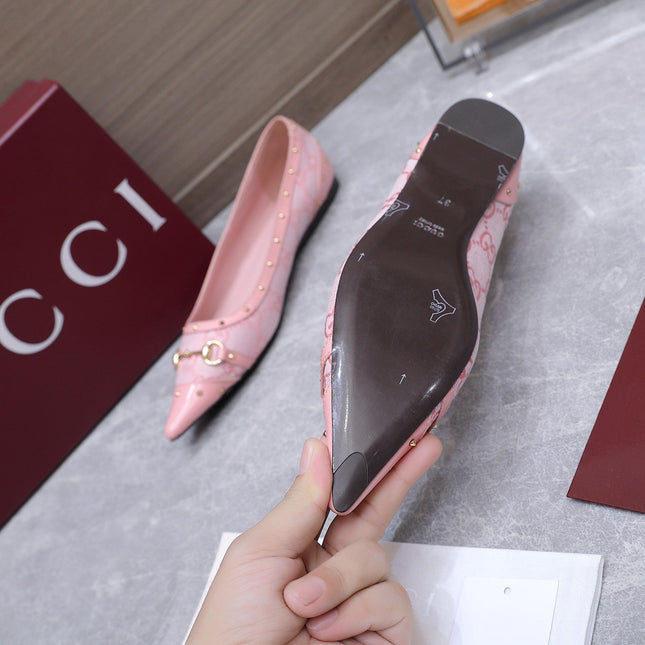 GUCCI 26S SAVOY BALLERINA FLATS IN PINK CANVAS AND CALFSKIN WITH STUDDED TRIM