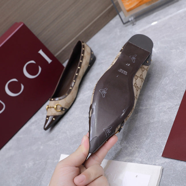 GUCCI 26S SAVOY BALLERINA FLATS IN BEIGE CANVAS AND CALFSKIN WITH STUDDED TRIM
